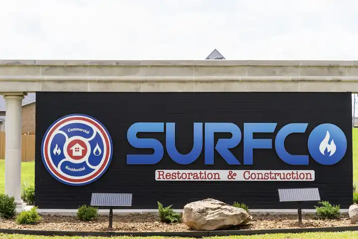 The Surfco Restoration & Construction monument sign: the red, white and blue roundel beside the blue Surfco wordmark