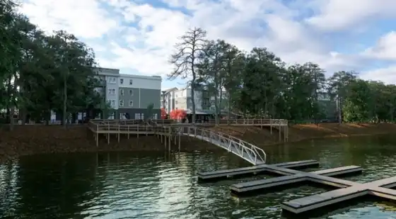 Wooden dock and walkway over a pond with apartment buildings beyond the trees