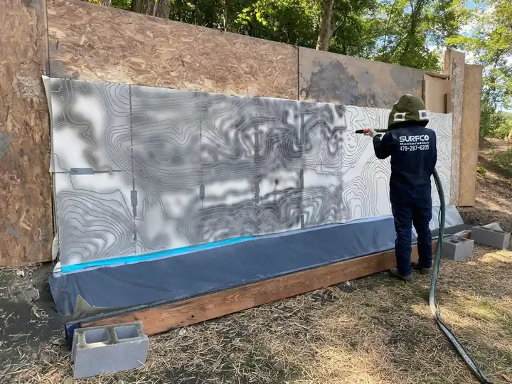 The same long plywood wall from further back, with a Surfco technician in navy coveralls partway through a blasting pass over the patterned paint layer.